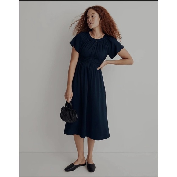 Madewell Sophia Split Neck Short Sleeve Midi Dress Navy size small - Picture 1 of 13